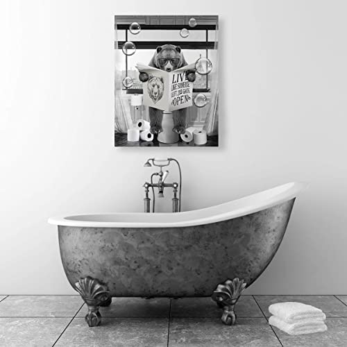 Funny Bears Canvas Wall Art Black And White Pictures Farmhouse Bathroom Wall Decor Bear Sitting In Toilet Reading Newspaper Painting For Toilet Bathroom Animals Artwork Framed 12"X16" #TOP5