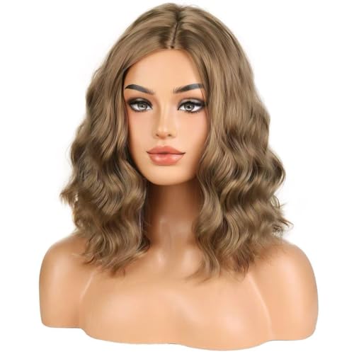 Image of BERON Ash Blonde Side Part Short Curly Wave Wig for Women Girls Blond Shoulder Length Wavy Heat Resistant Synthetic Wigs Cosplay Party or Daily Use