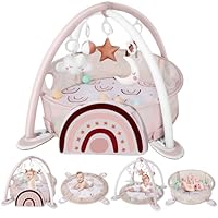 derimkcoa 4-in-1 Baby Play Mat Baby Gym,Tummy Time Mat for Floor Activity Gym Ball Pit Including 30 Balls with 5 Infant Learning Sensory Baby Toys for Newborn Toddler Boy & Girl Gifts(Rainbow)