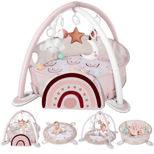 derimkcoa 4-in-1 Baby Play Mat Baby Gym,Tummy Time Mat for Floor Activity Gym Ball Pit Including 30 Balls with 5 Infant Learning Sensory Baby Toys for Newborn Toddler Boy & Girl Gifts(Rainbow)