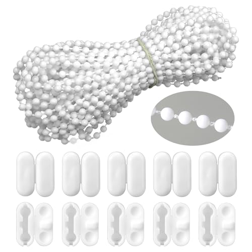 Hariendny 10 Meters (32.8 Feet) Roller Blind Bead Chain Replacement with Connectors Roller Blind Cords Venetian Blinds Cord for Roman Vertical Blind Chain 10 Pcs Bead Chain Connectors (White)