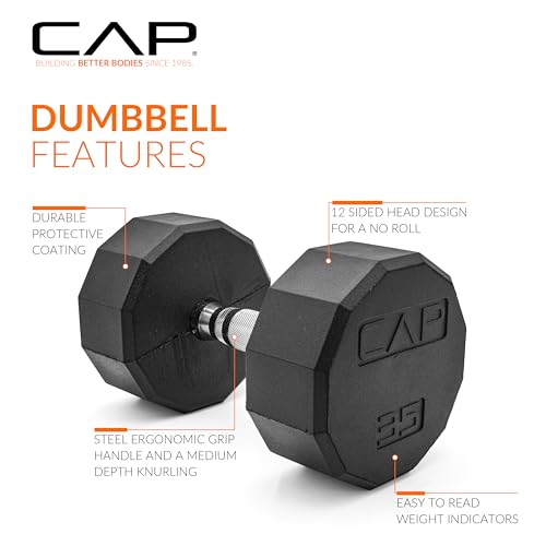 Image of CAP Rubber Coated Dumbbell Weights, Free Weights for Home Gym Strength Training, Anti-Roll Hex Dumbbells with Black, Chrome & Comfort Grip Handles, Singles