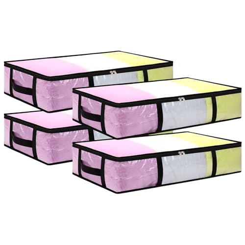 Dntorx 4 Stück 60L Unterbett Aufbewahrungsbox mit Deckel, Transparente Unterbettkommode Faltbare Aufbewahrungstasche mit Griff, Unterbett...