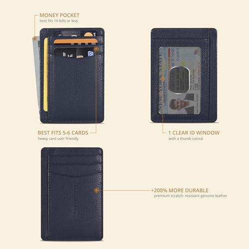 Image of Oak Leathers Leather Slim Minimalist Wallet for Men & Women RFID Front Pocket Leather Card Holder Wallets (Nappa Navy)