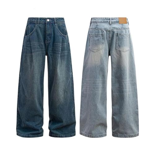 Men Distressed Jeans Double Pleated Denim Pants Washed Vintage Loose Fit Wide Leg Casual Trousers4