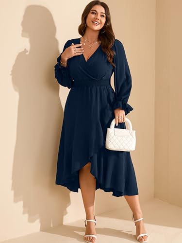 RWJ Women's Plus Size Wedding Guest Maxi Dress Wrap V Neck Long Sleeve High Low Ruffle Cocktail Fall Dresses4