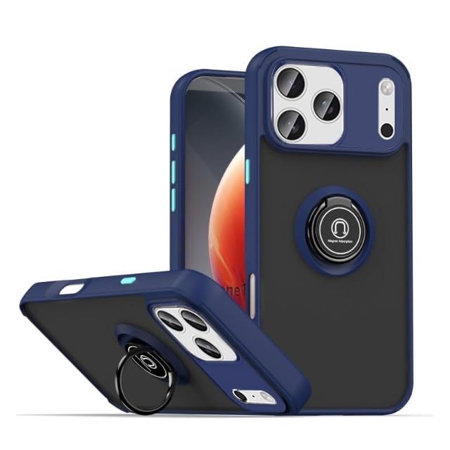 Coque iPhone 17 bleu marine silicone mat rigide pour éviter les chutes avec anneau caché