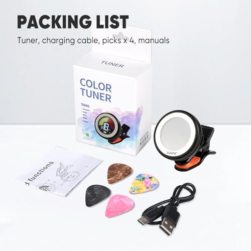 Image of Clip on guitar tuner rechargeable, for all instruments, acoustic /electric guitar, ukulele, bass, violin, Banjo, color LCD, semitone tuner, 4 Pack Guitar Picks Included