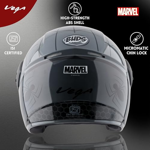 Image of Vega Buds Junior Marvel Spiderman Graphic Open Face Helmet for Kids - Lightweight Design, Superior Comfort & Safety, Stylish Black Grey - XS