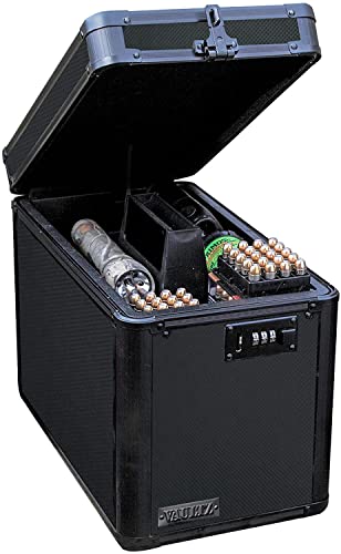 Vaultz Locking Ammo Crate - Metal Storage Box for Ammunition w/Combination Lock and Tether - Large Utility Ammo Can - 10 x 7.88 x 14.25 Inches, Tactical Black﻿