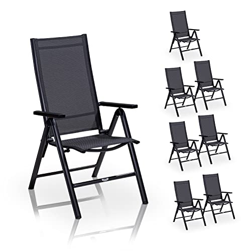 KHG Gartenstuhl Hochlehner 8er Set Alu Klappstuhl, 8-Fach verstellbare Rückenlehne mit Armlehne, Anthrazit Grau wetterfest rostfrei, 120 kg belastbar, Balkonstuhl, vormontiert, Kunststoff Gewebe
