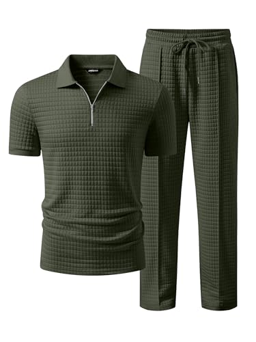 JMIERR Mens Summer Outfits 2 Piece Short Sleeve Sets Beach Quarter Zip Polo Shirts Casual Loose...