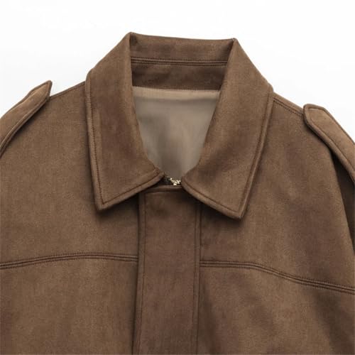 Women Solid Lapel Suede Jacket Coat Long Sleeve Zipper Cropped Loose Jackets Outerwears3