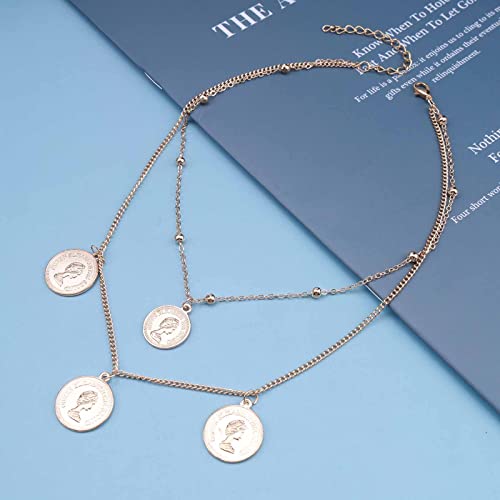 Erimberate Bohemian Layered Coin Necklace Choker Gold Satellite Collarbone Necklace Disc Pendant Necklace Engraved Coin Dangle Choker Necklace Jewelry For Women And Girls #TOP3