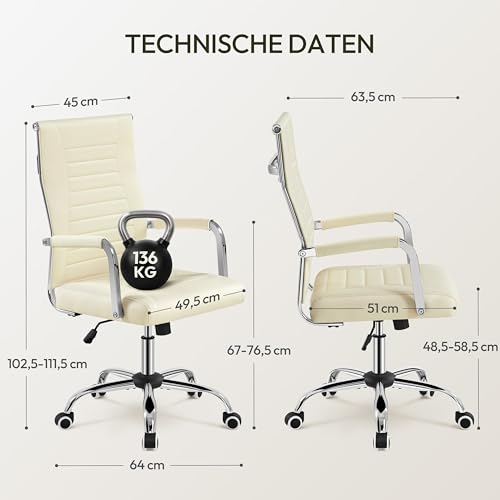 Yaheetech Bürostuhl ergonomischer Schreibtischstuhl mit Armlehnen, Chefsessel Computerstuhl hoher Rückenlehne, Arbeitsstuhl mit Wippfunktion bis 136 kg Belastbar Beige
