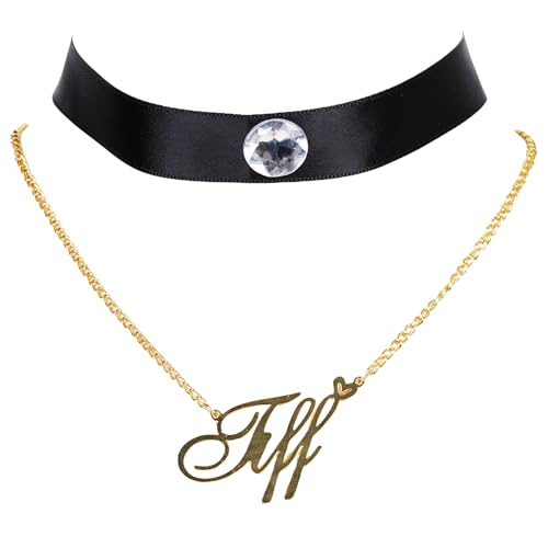 Probeauty 2-Piece Black Gothic Choker and Gold Tone Script Necklace Set - 2 Layer Jewelry Set for Women Girls Cosplay Parties Halloween or Everyday Style