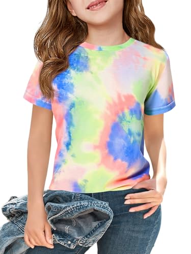 Image of Haloumoning Girls Tie Dye Short Sleeve Shirt Kids Summer Fashion Crewneck Tops Casual Tees 5-14 Years