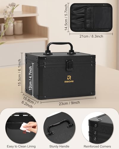 Image of Relavel Makeup Bag with LED Mirror, Travel Cosmetic Train Case with 3 Colors Light up Mirror, Portable Makeup Aritst Storage Organizer Box with Brush Holder, Birthday Gifts for Women and Girls, Black