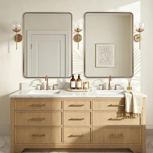 Image of ANDY STAR Large 30x40'' Brushed Champagne Bronze Bathroom Vanity Mirror, Rounded Rectangle Mirrors for Bathroom, Elegant Oblong Mirrors for Over Sinks in 1'' Rustproof Tube Metal Framed Wall Mounted