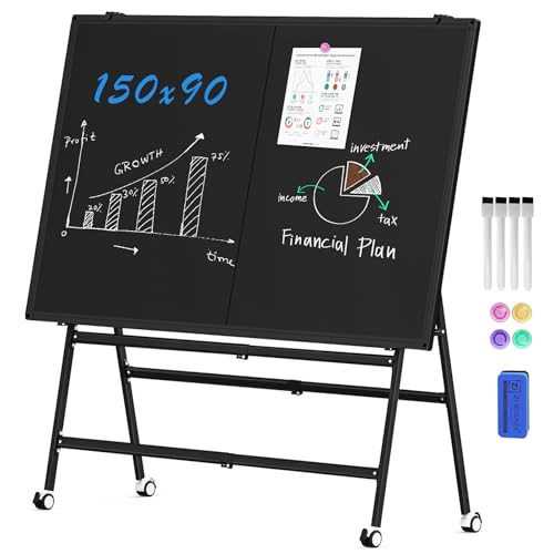 Double-Sided Rolling Chalkboard, Magnetic Mobile Black Dry Erase Board with Stand 60