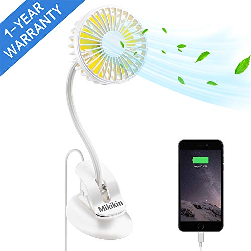 Mikikin Portable Mini Clip on Stroller Fan, 3 Speeds Settings, Flexible Bendable USB