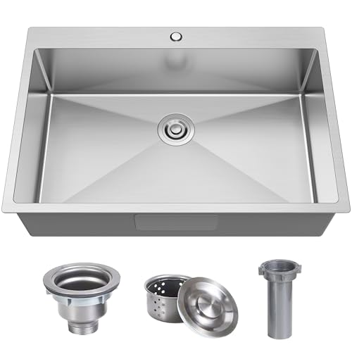 KOXKING 33x22 Drop In Kitchen Sink, 18 Gauge T304 Stainless Steel Top Mount Single Bowl, 9 Inch Deep Basin with Bottom Grid & Drain Assembly, Rust-Proof Brushed Nickel