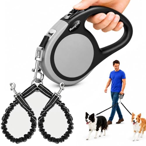 Dual Retractable Dog Leash for Two Dogs Up to 115lbs - 18.6ft Coupler Leashes for Small to Large Dogs - One Locked System, Non Slip Grip, Tangle Free Heavy-Duty Double Dog Leash