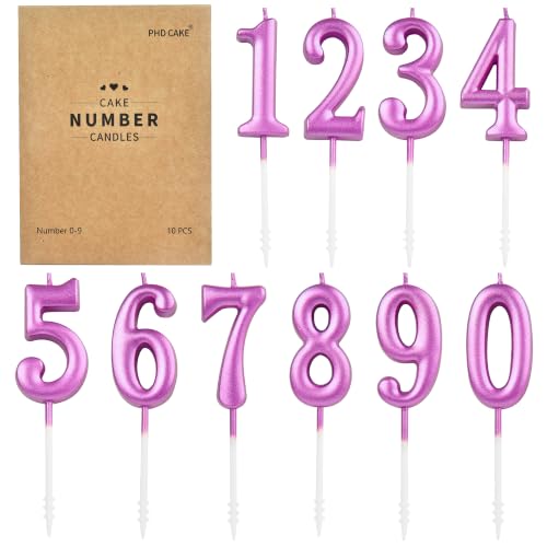 PHD CAKE 10-Pieces Purple Numeral Birthday Candles, Cake Numeral Candles Number 0-9 Glitter Cake Topper Decoration for Birthday,Wedding Anniversary,Party Celebration