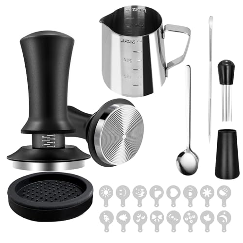 Fesatccoz Lot de 7 Tamper à Café, Accessoires de Café avec Presse à Café 51 mm, Outil WDT, Tapis de Tamper, Mélangeur à Café Stylo à Latte Art Carafe à Mousser à Lait Pochoirs à Café
