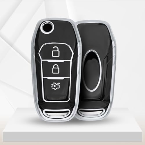 Image of KEYCEPT Silver Line TPU Key Cover Compatible with Ford Figo, Aspire, Endeavour Flip Key 3 Button with Keychain. (Type 1, Black)