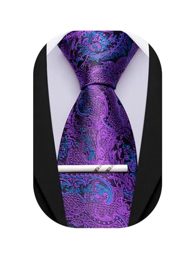 Image of Barry.Wang Paisley Tie for Men Silk Woven Necktie and Tie Clip Set Wedding Party Business Formal