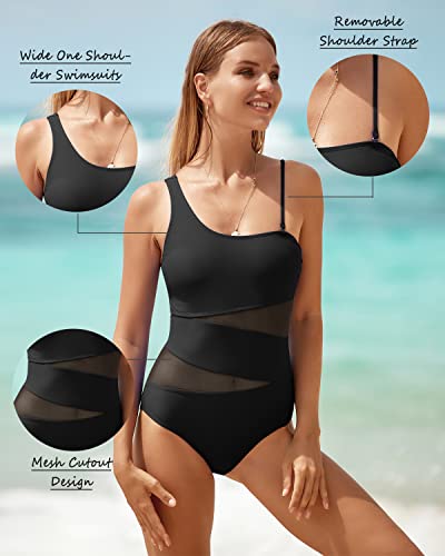 Tempt Me Women Black One Shoulder One Piece Swimsuits Full Coverage Cutout Mesh Sexy Bathing Suits Tummy Control Swimwear L #TOP1