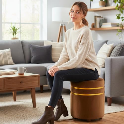 Image of Decorative Ottoman Pouffes for Sitting - Two-Piece Set of Puffy Stools and Footstools - Round Ottoman Stool for Living Room Furniture (Brown)
