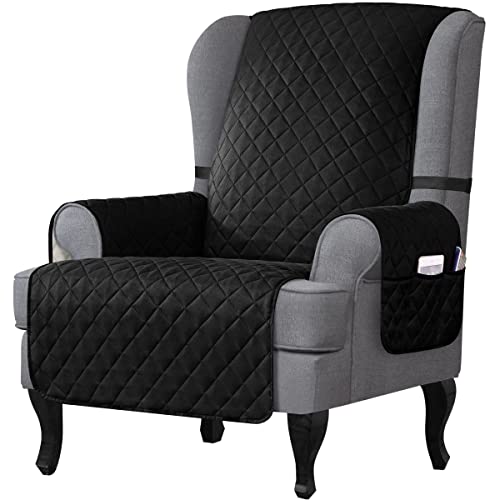 Subrtex Wingback Chair Cover Wing Chair Armchair Slipcover Reversible Quilted Furniture Protector With Pockets Elastic Straps Washable For Living Room Bedroom For Kids Pets (Wingchair, Black) #TOP21