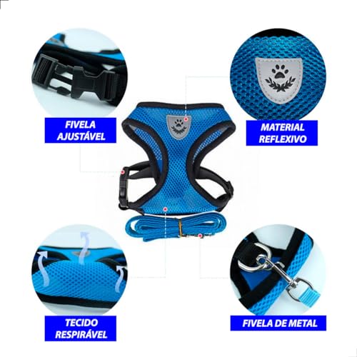 Coleira Peitoral + Guia com Colete Refletivo para Pet Cachorro e Gato Coelho Macia (Preto, P)