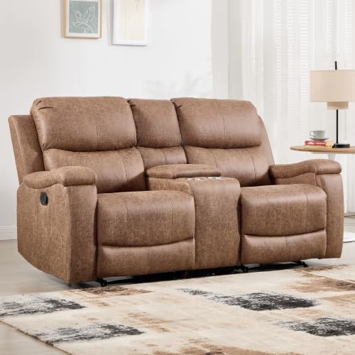 Image of CANMOV Manual Reclining Loveseat with Console,Faux Leather Double Recliner Loveseat Sofa with Hidden Storage and Cup Holders,Manual Recliner Loveseat Couch Set for Living Room,Nut Brown