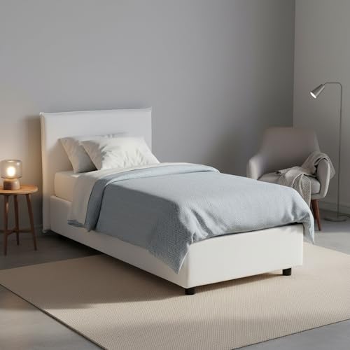 Talamo Italia - Brunella-Einzelbett, Bettkasten mit Stoffbezug, 100 % Made in Italy, Öffnung vorne, inklusive Matratze 80 x 190 cm, Weiß