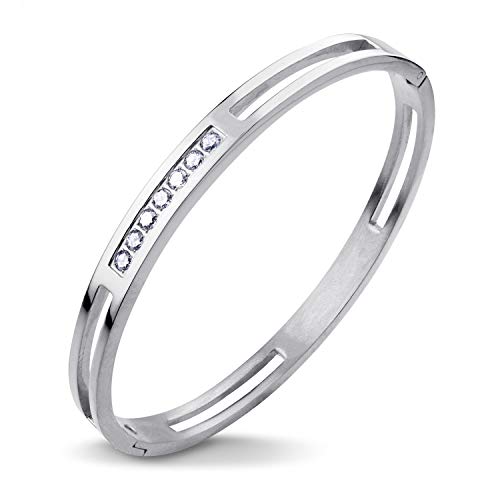 555Jewelry Womens Girls Stainless Steel Sparkly Timeless Stylish Fashion Cz Cubic Zirconia Stone Fashion Jewelry Accessory Hinged Lock Love Hollow Cuff Band Bangle Bracelet, Silver #TOP13