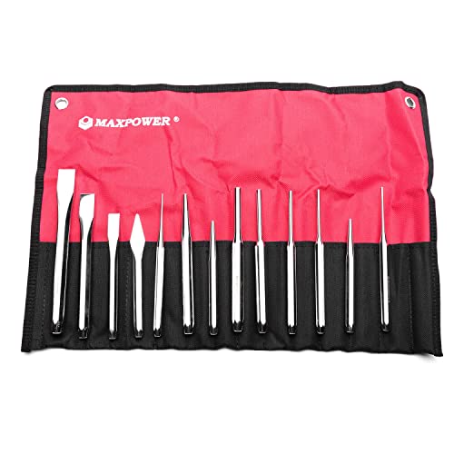 MAXPOWER 13PCS Steel Punch and Chisel Set, Includes Pro Grade Octagonal Chisels, Cape Chisel, Pin Punch, Taper Punch, Center Punch, Comes in a Roll-Up Pouch, Cr-V Steel, Chrome Finish Polished