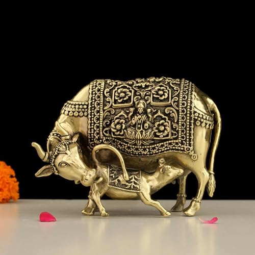 Image of INDICAST Handcrafted Brass Cow with Calf for Good Luck | 3.5 inch Kamdhenu Gau MATA Idol Spiritual Vastu Nandi Pooja Figurine Sculpture for Home and Office (Weight- 210gm)