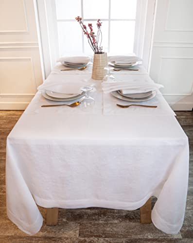 D'moksha Tablecloth White 60 X 144 Inch For Rectangle Table, Pure Linen Hemstitch Tablecloth 144 Inches Long For Summer, Wedding, Party, Outdoor, Machine Washable #TOP5