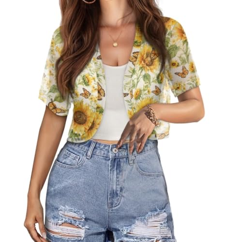 Image of Womens Short Sleeve Cardigans Lightweight Summer Cardigan Trendy Bolero Shrug Cute Floral Cardigan Sheer Bolero