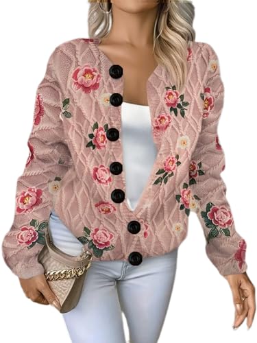 Women’s Delicate Floral Knitted Cardigan – Long Sleeve Button-Down Sweater