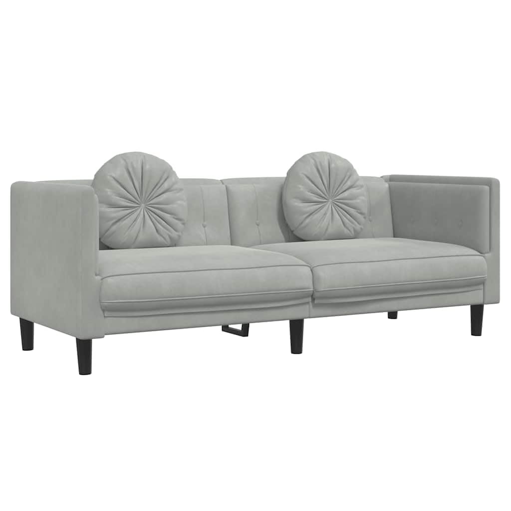 Sofá de 3 plazas con cojines en terciopelo gris claro, sofá de lujo suave para salón con acolchado cómodo y patas de apoyo estables