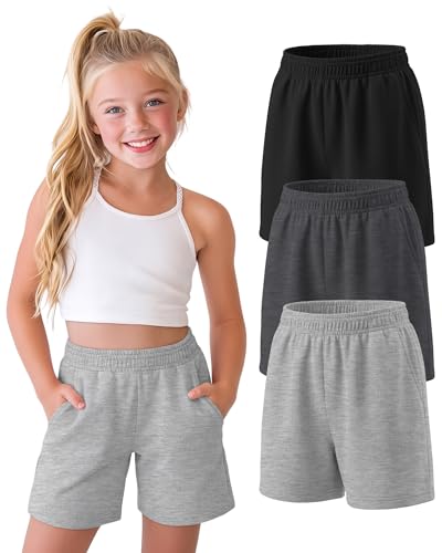 YooAurvox 3 Pack Girls Shorts Kids Wide Leg Athletic Shorts Casual Summer Elastic Waist SweatShorts with Pockets 5-14 Years(11-12 Years,Light Mixed Gray, Dark Mixed Gray, Black)