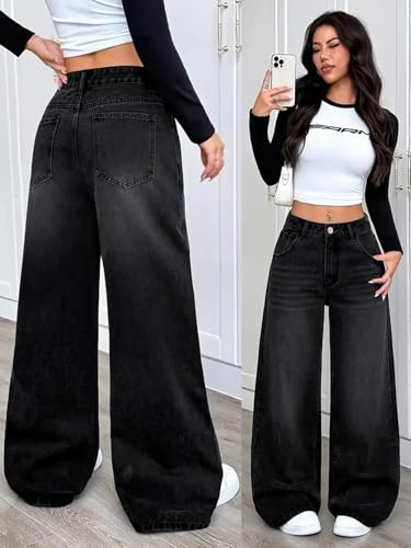 Image of KOTTY Women Wide Leg Baggy Jeans High Waist Relaxed Fit Denim Casual Wear