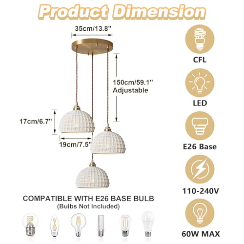 Image of 3 Light Vintage White Ceramic Pendant Lights Mid Century Modern Brass Ceiling Light Fixture Minimalist Dome Pendant Light for Kitchen Island Bedside Living Room