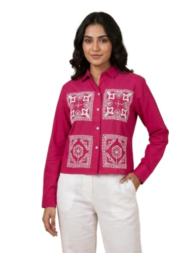 Image of Stylish Women's Embroidered Shirts | Geometric Pattern Half Sleeve Collared Button-Up Casual Shirt for Women