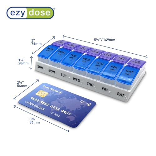 Image of Ezy Dose Weekly (7-Day) AM /PM Pill Organizer, Vitamin and Medicine Box, Small Pop-out Compartments, 2 Times a Day, Blue and Purple Lids