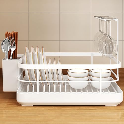 Dish Drying Rack,Kitchen Counter Dish Drying Rack with Removable Drainer Tray, Stainless Steel Dishes Drainer with Cup Holder and Utensil Holder, Space-Saving,White